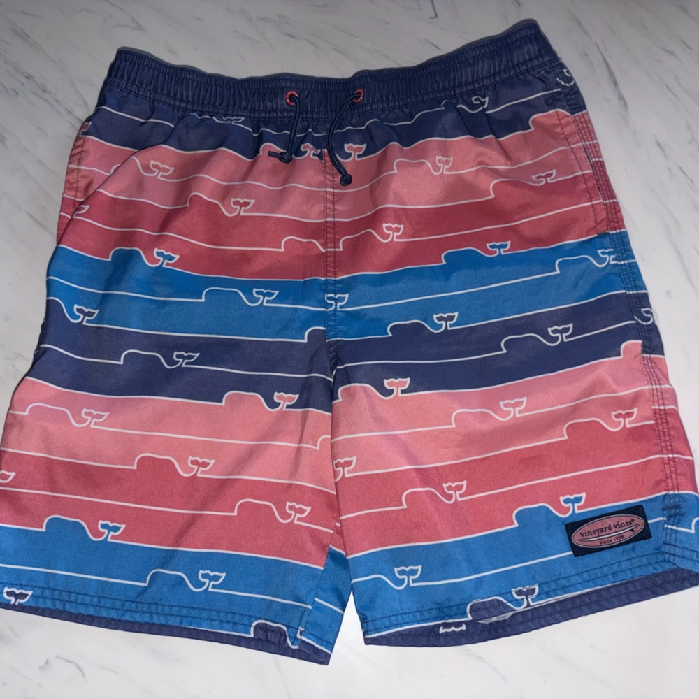 Vineyard Vines Boys Striped Swim Trunks in Pink, Blue & Navy sz 16